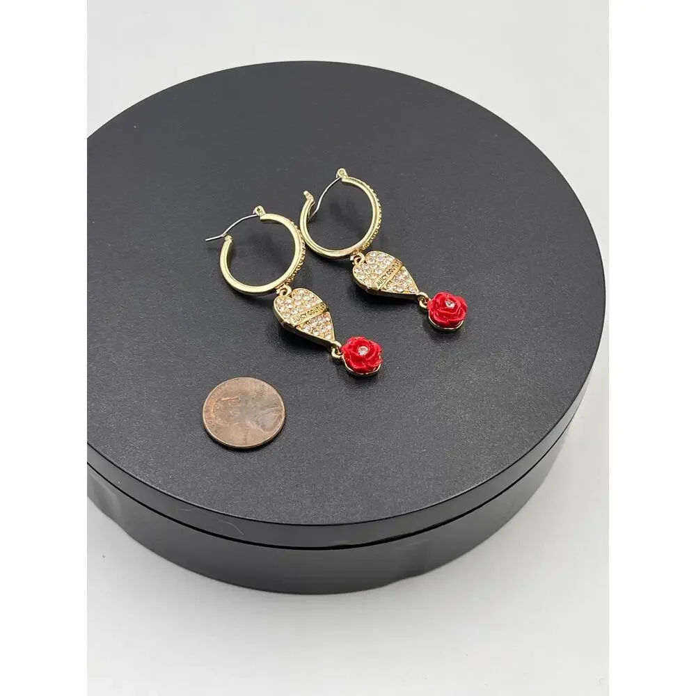 Juicy Couture Gold Hoop‎ Earrings Crystal Pave Heart Red Rose Charm